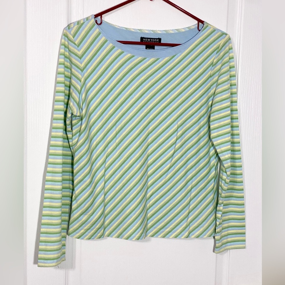 Y2K VTG NY&Co USA MADE Pastel Diagonal Stripe Long Sleeve Cotton Top Size Large